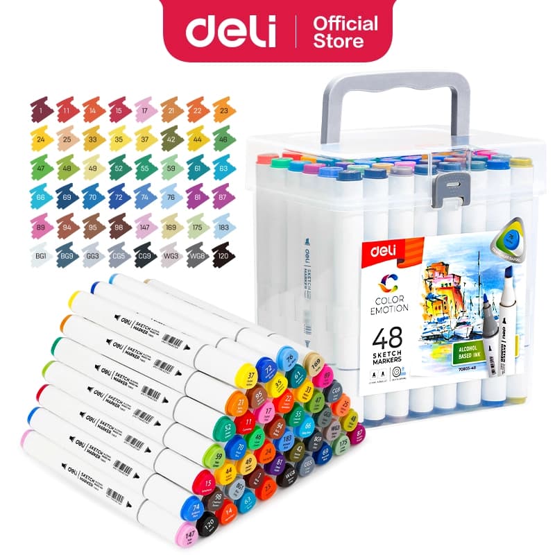 Deli E70803-48 Sketch Marker Set | 48 Colors Dual Tip Alcohol-Based Art Markers