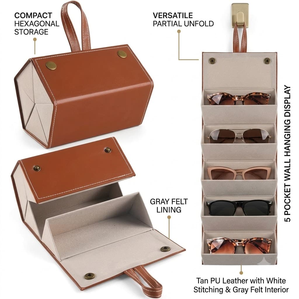 Portable Foldable 5-Slot Sunglasses Storage Case | Travel Eyeglasses Organizer with Handle