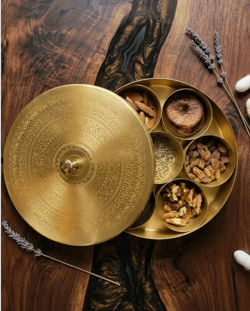 Brass Spice Box 1 No – Traditional Masala Storage Container with Lid -Weight 0.710 kg Height 45mm and width 185mm