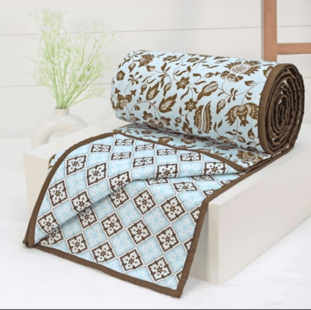 That Summer Blanket – Brown Floral & Blue Geometric Reversible Cotton Blanket