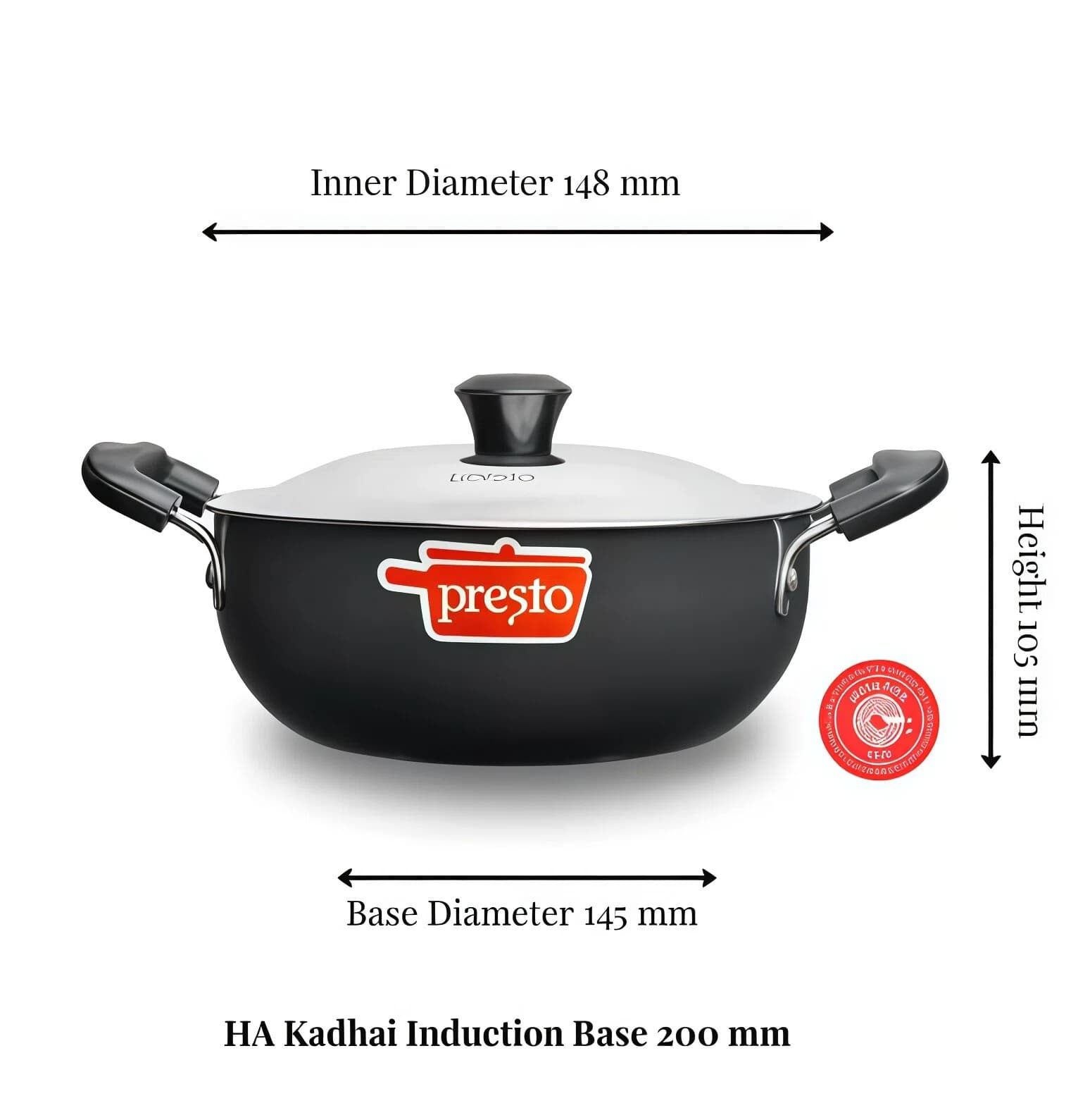 Presto Presto Black Hard Anodized Karhai/Kadhai/Kadai/Karai 200mm with Stainless Steel Lid - Induction Compatible home &… — thumbnail 2 of 2