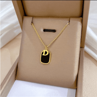 Personalized Initial Black Enamel Tag Pendant Necklace for Men & Women