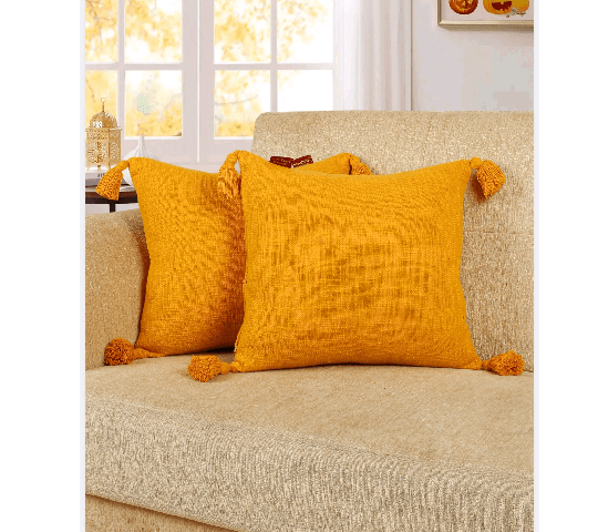 Slub Cotton Cushion Cover 16x16 Inch Solid Orange with Tassels & Hidden Zipper – Premium Decorative Throw Pillow Cover - per pcs 250