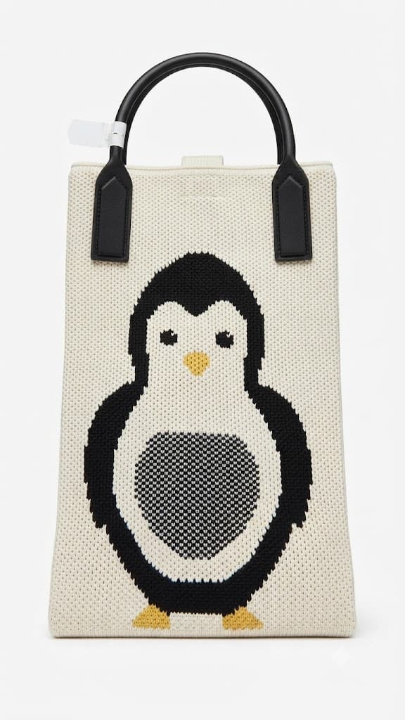 Cute Knit Tote Bag Featuring Penguin Graphic | Soft Reusable Shoulder Bag