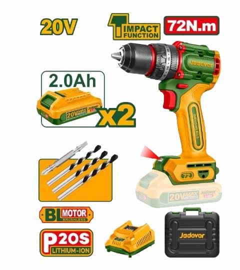 Jadever JDCDP7281 Compact Brushless Cordless Impact Drill 20V 72Nm – Powerful Lithium Battery Drill Machine
