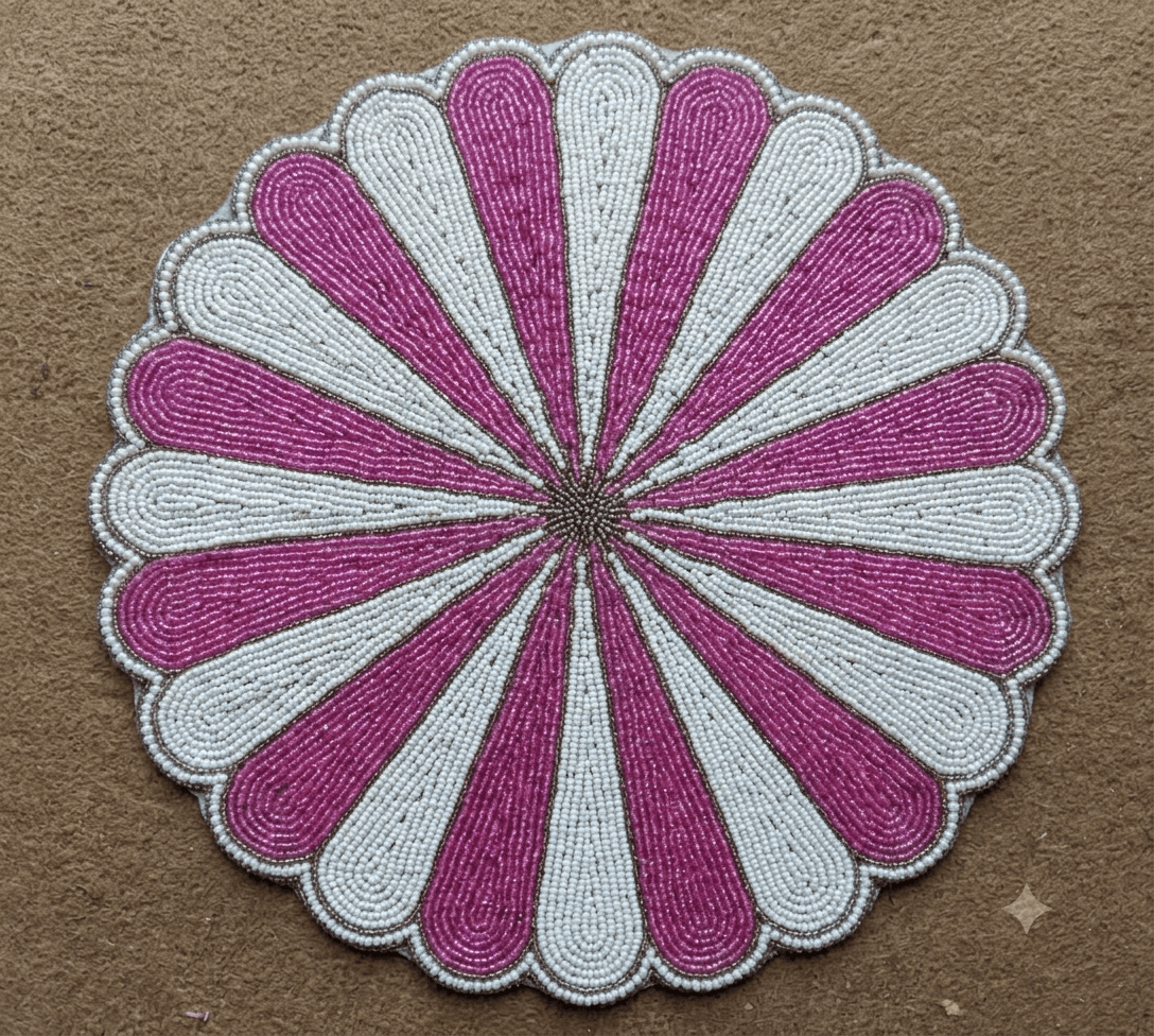 Handcrafted Beaded Daisy Flower Table Mat – Pink with Silver Outline | 12–15 Inch Fully Tight Beaded Design