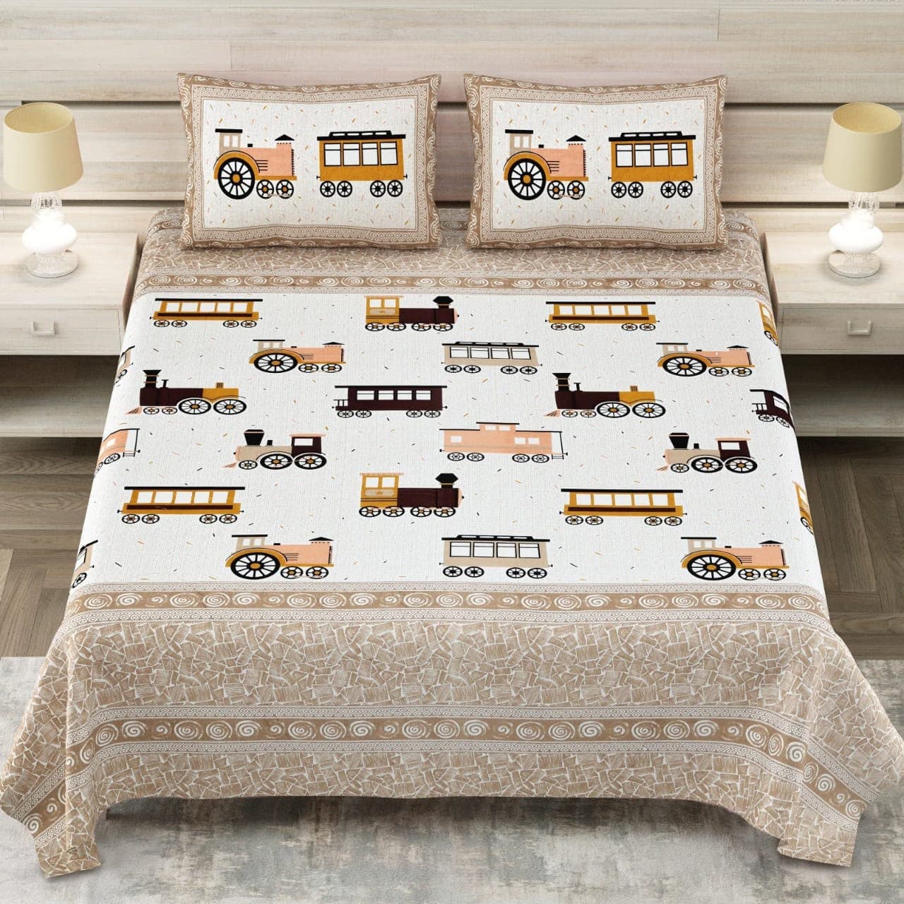 aipuri Bedsheet Vintage Steam Train Motif Print – Soft Cotton Double Bed Sheet