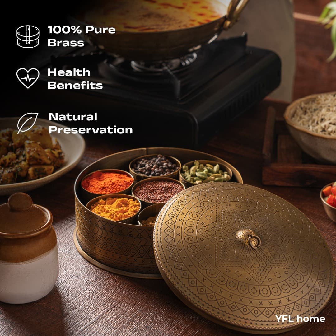 curra Curaa_Brass Spice Box for Kitchen - 7 Containers (120ml Each) Traditional Masala Dabba daily essentials & lifestyle — thumbnail 6 of 10