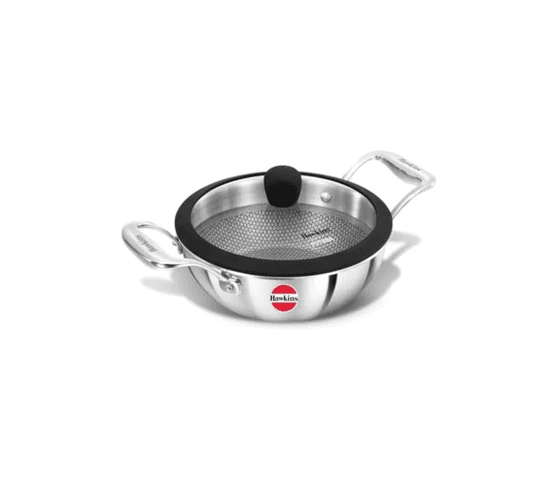 Hawkins - Hawkins PSNK15G  1.5 Ltr Triply SS IC Honeycomb Kadai withGlass Lid - Big Digital