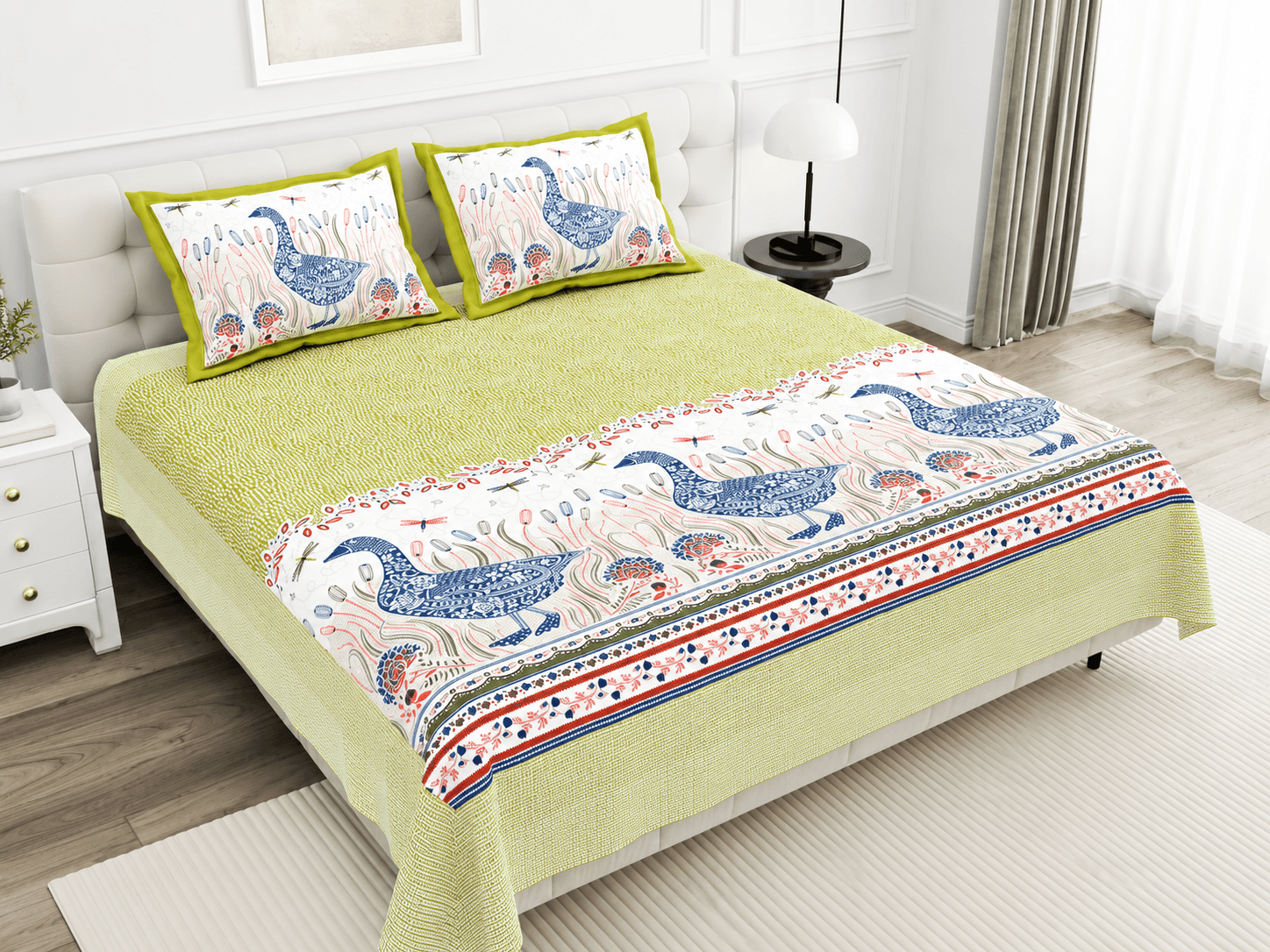 Jaipuri Bedsheet Kalamkari-Inspired Duck & Nature Block Print – Soft Cotton King Size Bedsheet