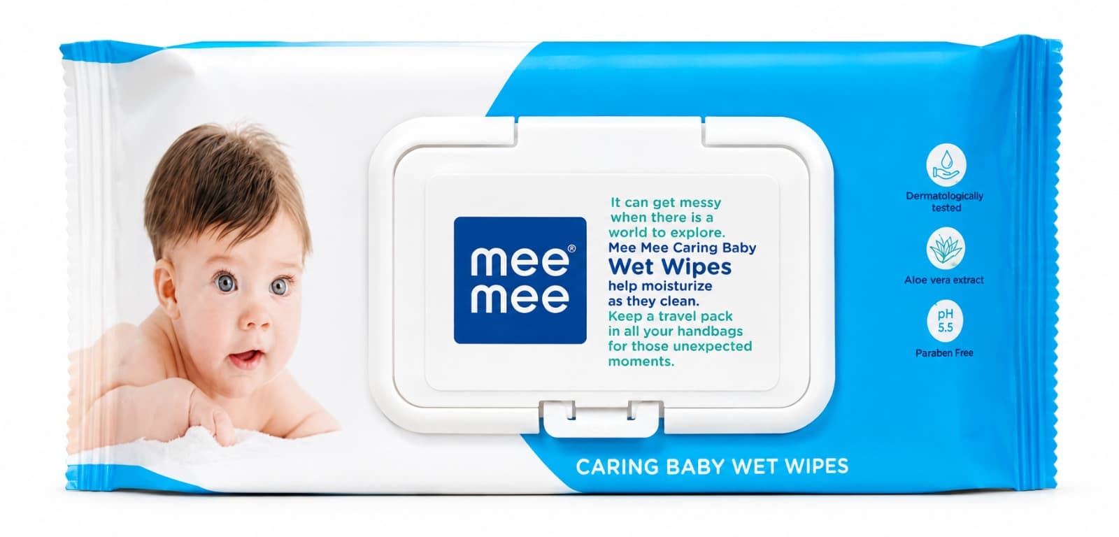 Mee Mee Caring Baby Wet Wipes with Aloe Vera Extract | Dermatologically Tested & Paraben-Free | pH 5.5