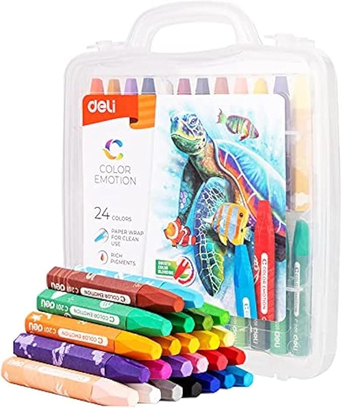 DELI Oil Pastel Set 24 Assorted Colors EC20124 – Non-Toxic Washable Crayons with Plastic Storage Box for Kids, Students, Beginners & Artists