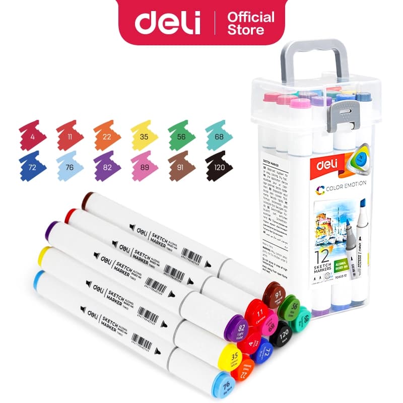 Deli E70803-12 Sketch Marker Set - 12 Vibrant Colors for Drawing, Coloring & Art Projects