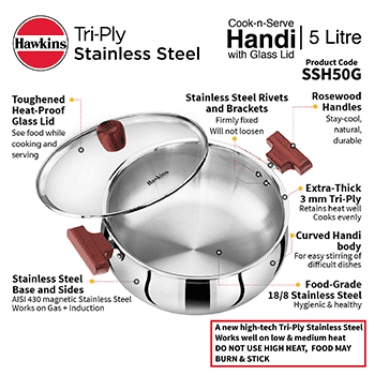 Hawkins Hawkins 5 Litre Stainless Steel Induction Compatible Handi with Lid SSH50G – Premium Durable Cookware for Everyday… — thumbnail 3 of 3