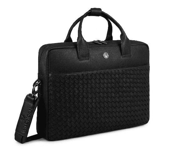 WildHorn Nero Weave Pro Leather Laptop Bag for Men | Handcrafted Woven Office Bag | Fits 15.6-Inch Laptop | Adjustable Shoulder Strap | Black (WHBG 9007)