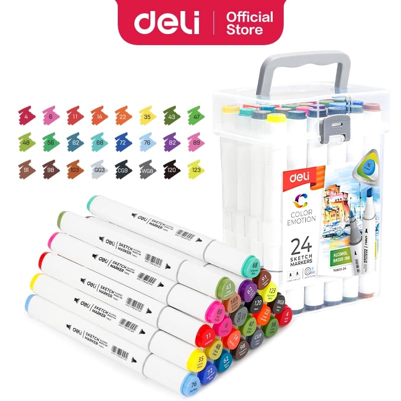 Deli E70803-24 Sketch Marker Set | 24 Vibrant Colors | Dual Tip Art Markers