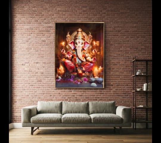 Golden Ganesha Murti in Prayer Setting Framed Art – Spiritual Wall Decor