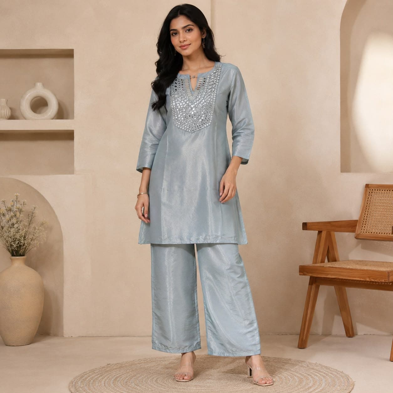 Metallic Ice Blue Kurtha for Women | Elegant Ethnic Wear