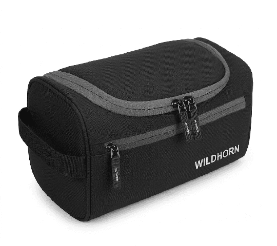 WildHorn Men's Polyester Toiletry Bag | Water-Resistant Travel Organizer Kit for Shaving, Grooming & Accessories (Black, 15.24 cm)