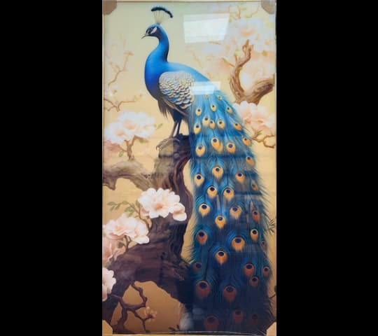 Blue Peacock Wall Art with Peach Blossoms – Framed Artwork