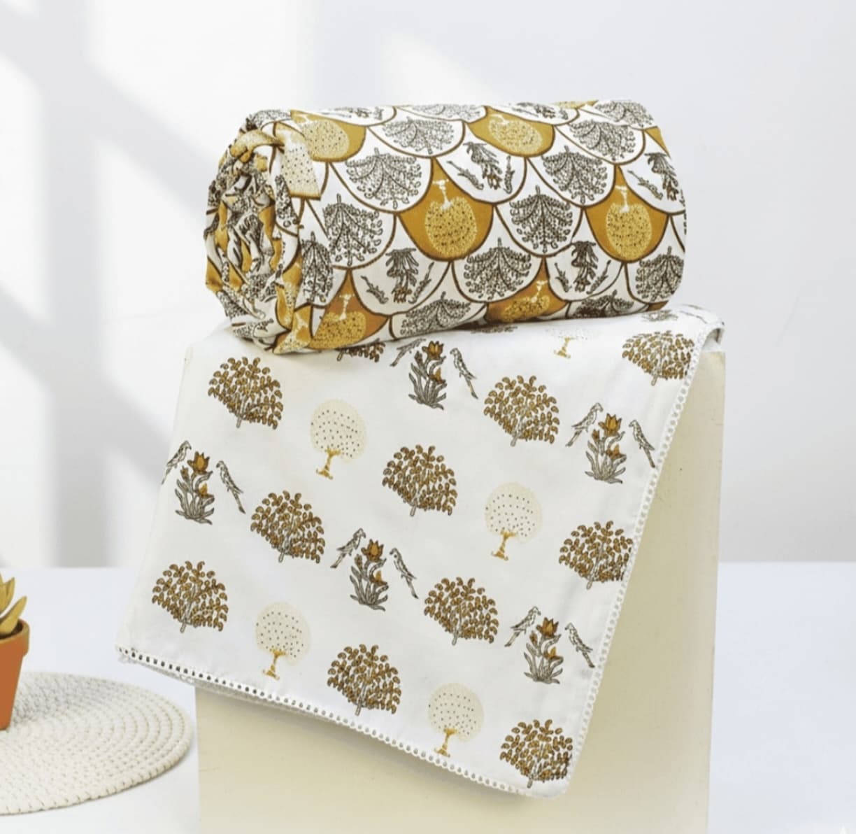 That Summer Blanket – Mustard & Ivory Botanical Printed Lightweight Cotton Blanket