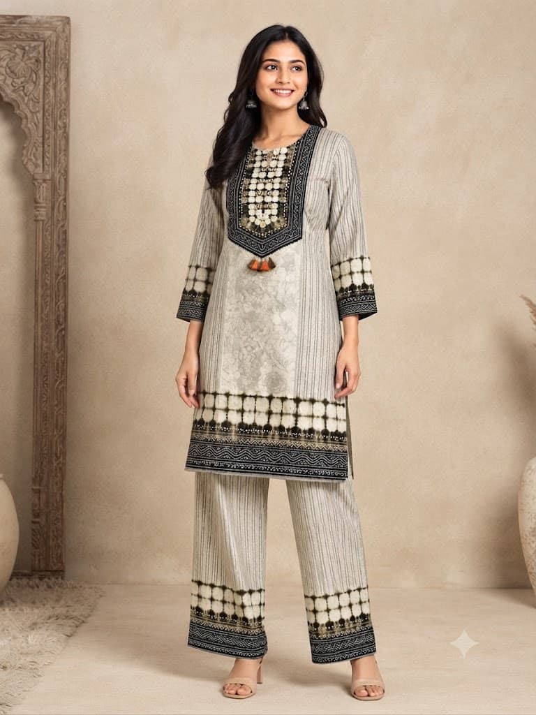 Elegance in Monotone: Chic Printed Kurta Set for Women