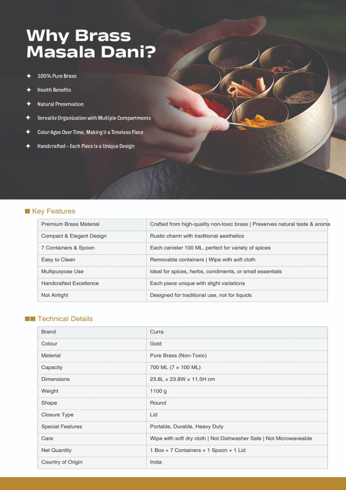 curra Curaa_Brass Spice Box for Kitchen - 7 Containers (120ml Each) Traditional Masala Dabba daily essentials & lifestyle — thumbnail 4 of 10