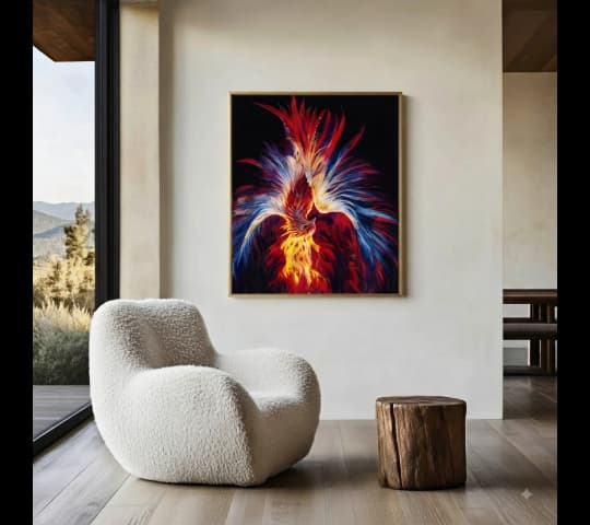 Framed Phoenix Abstract Wall Art Print – Vibrant Red, Blue & Yellow Design