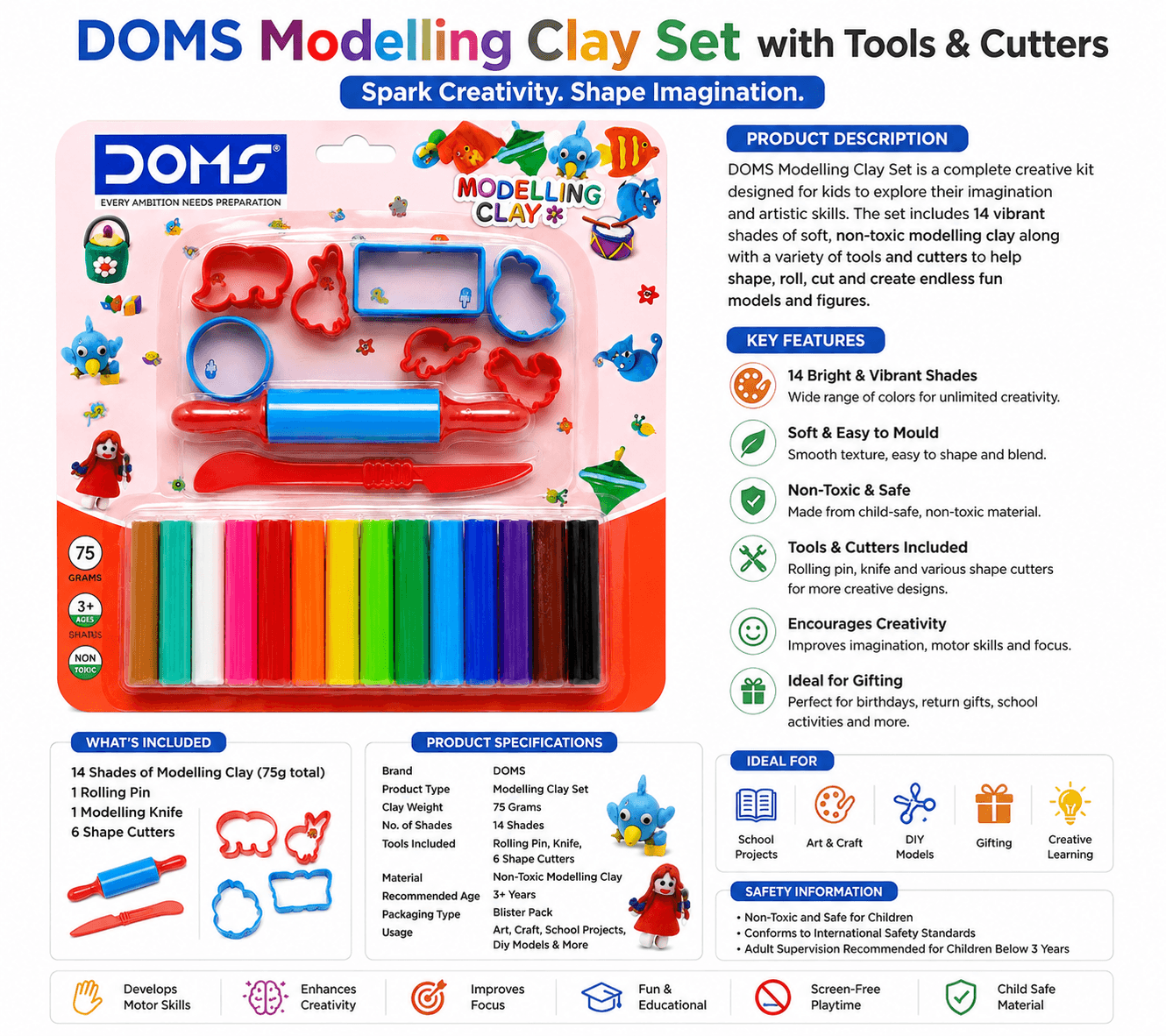 DOMS Modelling Clay Set for Kids with 14 Shades, Rolling Pin, Knife & Shape Cutters | 75g stationary, toys & sports — thumbnail 2 of 2