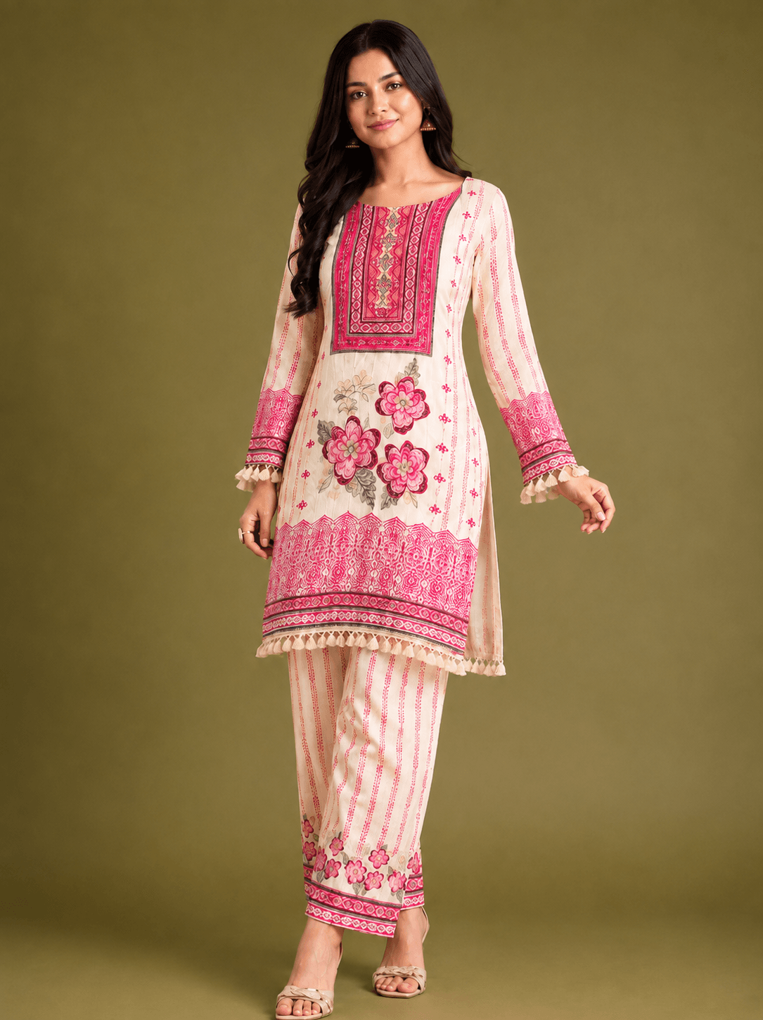 Cream & Pink Floral Printed Kurta Pant Set for Women – Elegant Ethnic Wear