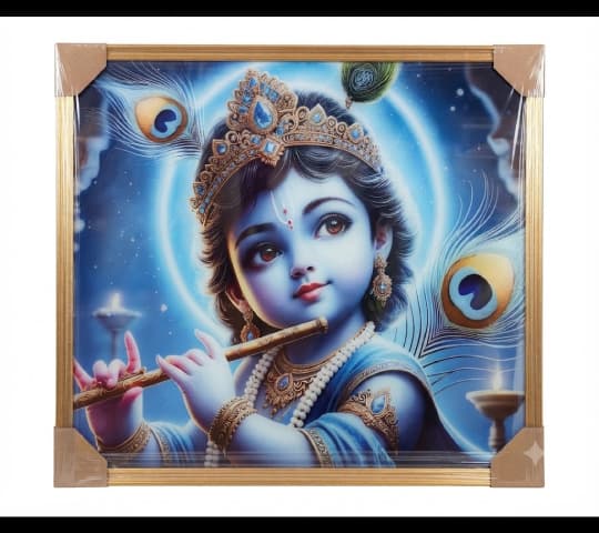 Framed Lord Krishna Playing Flute Wall Art – Religious Home Decor