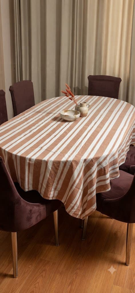 Brown & White Striped Oval Tablecloth – Premium Washable Dining Table Cover