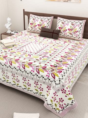 Jaipuri Bedsheet Botanical Leaf & Floral Block Print – 100% Cotton King Size