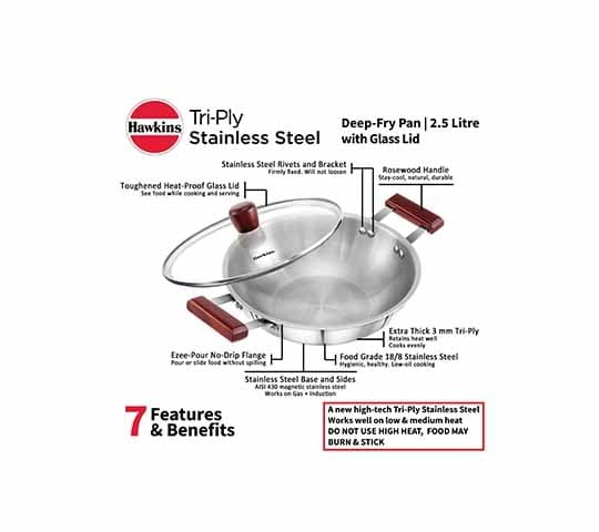 Hawkins Hawkins SSD25G Stainless Steel Deep Fry Pan with Glass Lid | Induction Compatible | 2.5L Kadhai daily essentials &… — thumbnail 4 of 5