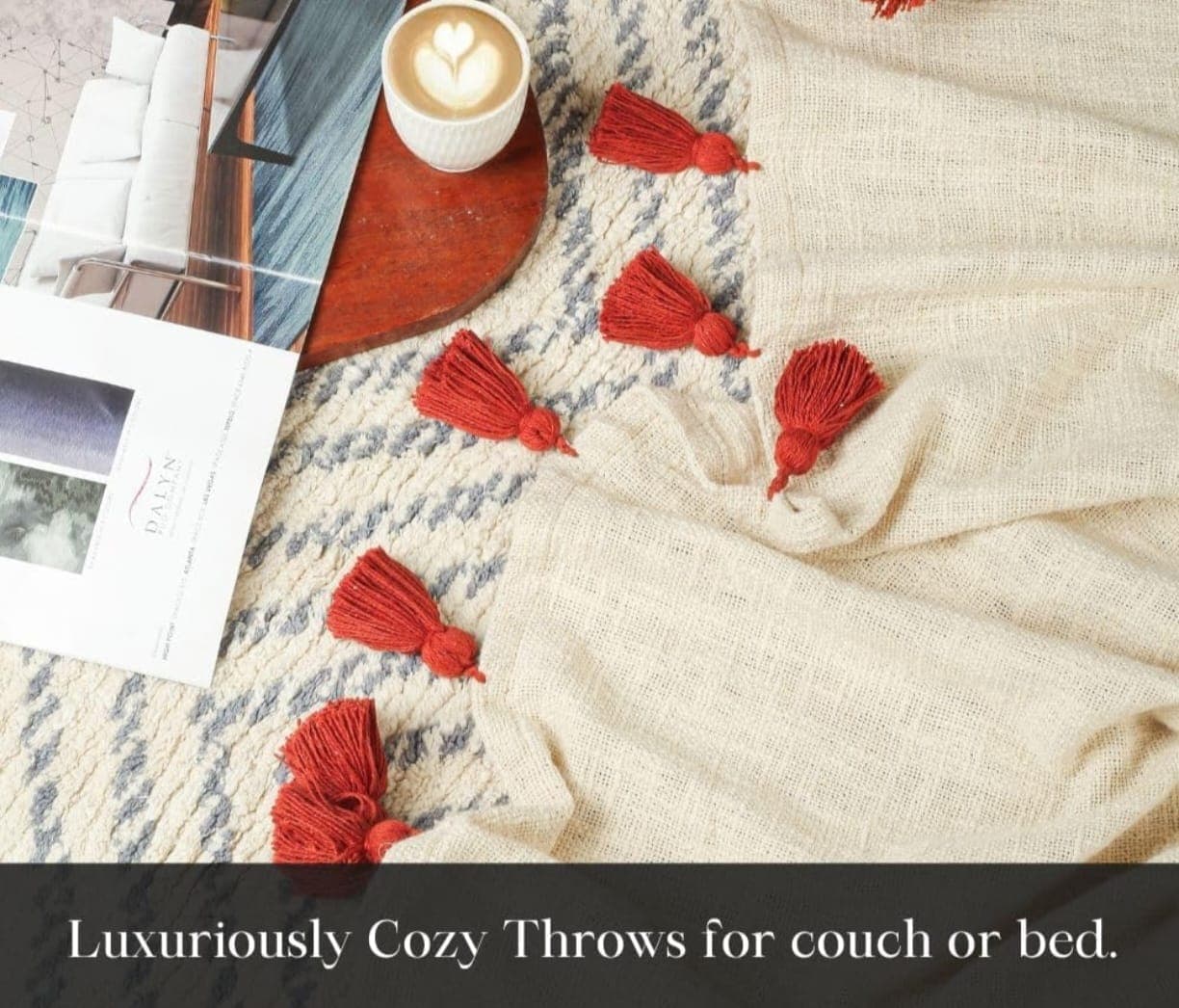 100% Cotton Throw Blanket with Multicolor Tassels – Soft Decorative Sofa, Bed & Couch Blanket (Maroon)
