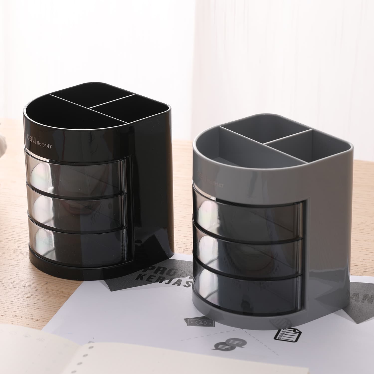 Deli Deli E9147 Pen Holder | 6-Compartment Desk Organizer with Rotating Drawers stationary, toys & sports — thumbnail 2 of 5