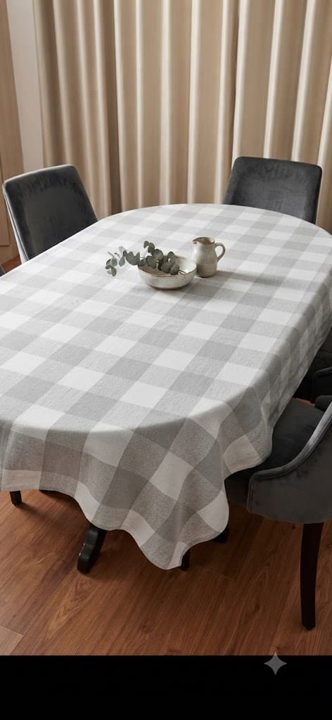 Grey and White Buffalo Check Oval Tablecloth with Eucalyptus Centerpiece – 40 × 60 cm