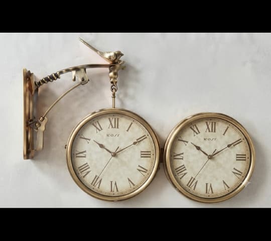 Antique Brass Two-Sided Station Wall Clock with Bird Finial & Woss Logo | Vintage Double-Sided Hanging Clock