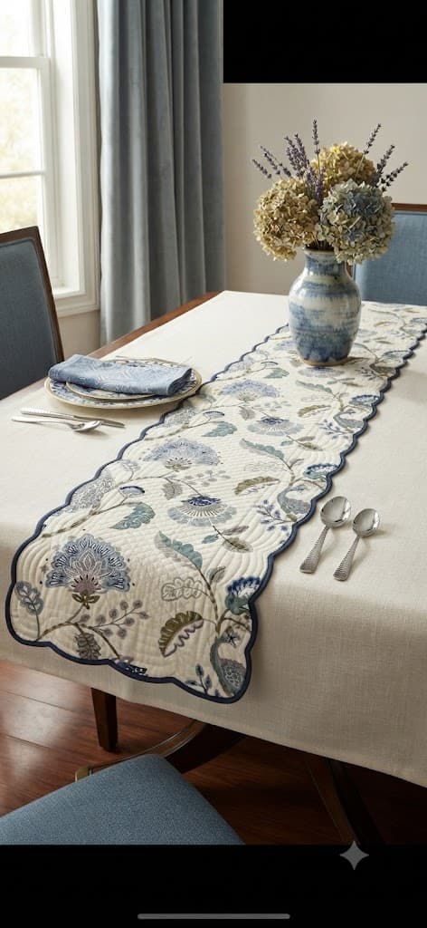 Floral Quilted Scalloped Edge Table Runner with Blue & Green Botanical Design – Elegant Dining Decor