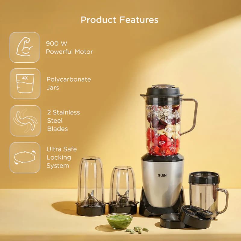 GLEN GLEN Nutri Blender Pro Mixer Grinder 900W with 4 Unbreakable Jars & 3 Stainless Steel Blades | Smoothie Maker & Masala… — thumbnail 4 of 10