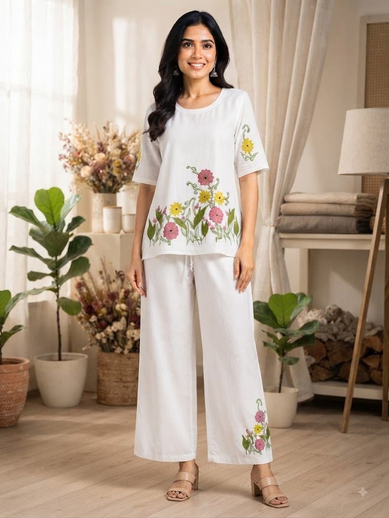 White Floral Embroidered Top & Palazzo Set