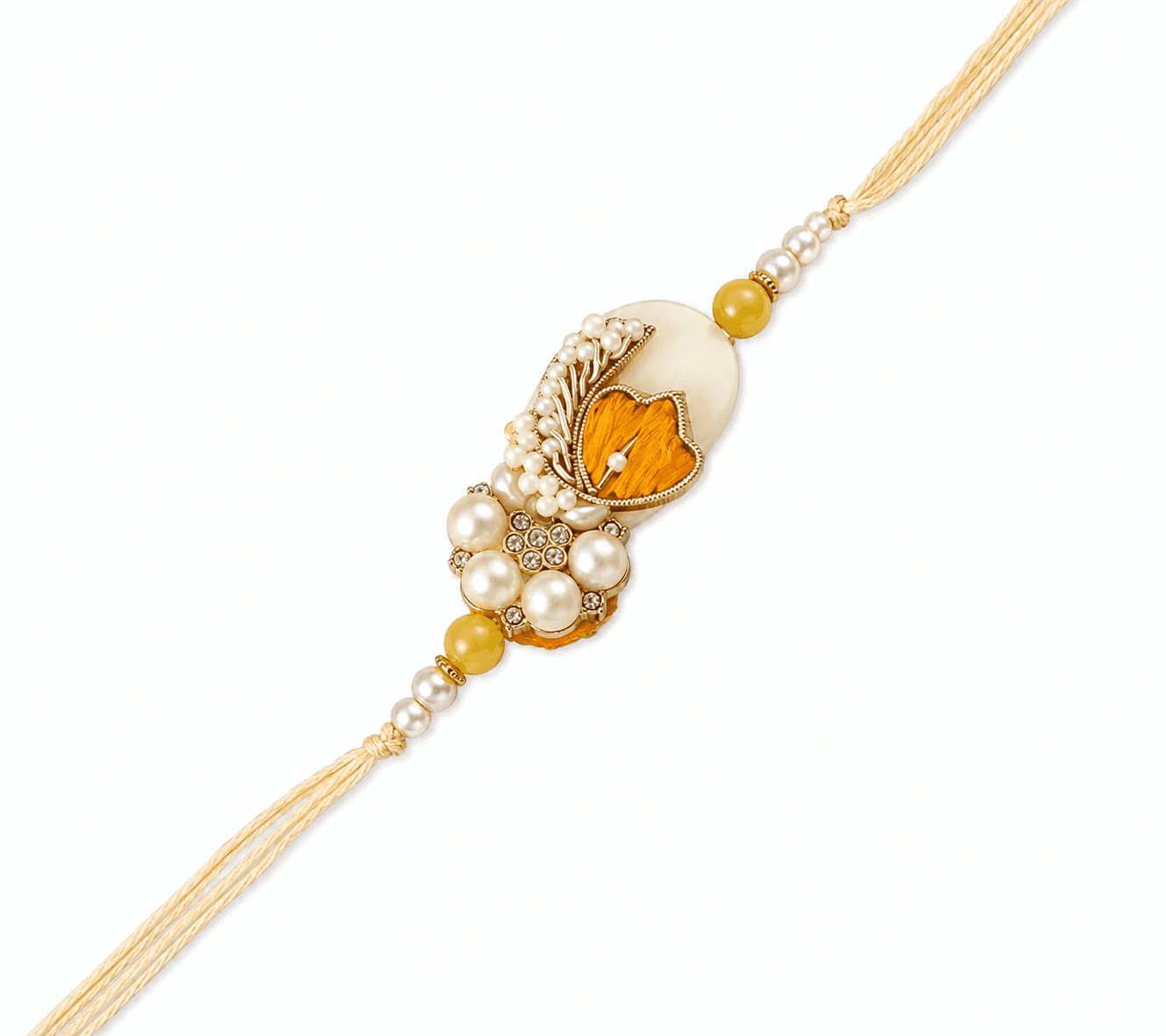 Elegant Pearl & Golden Designer Rakhi | Floral Embellished Raksha Bandhan Rakhi