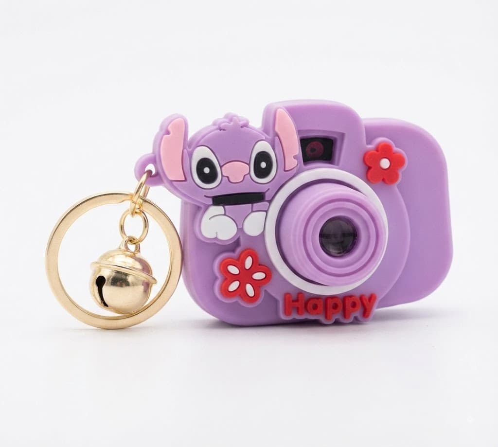 Stitch Cartoon Camera Keychain with Bell | Cute Character Keyring for Bags & Keys