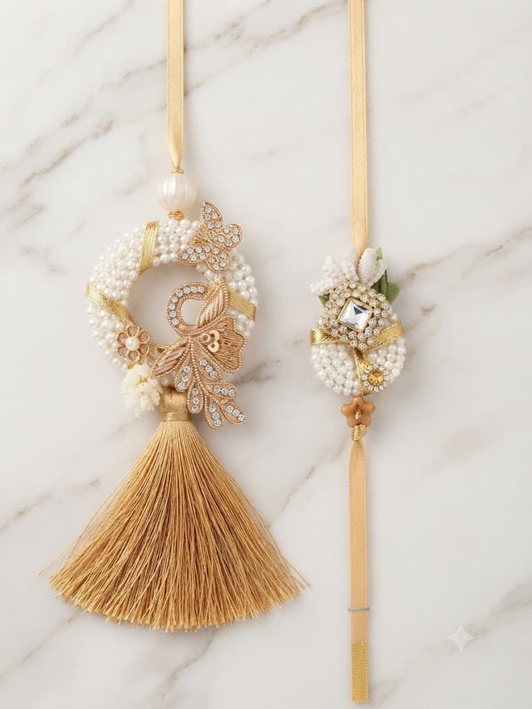 Luxury Golden Designer Pearl & Tassel Rakhi Set