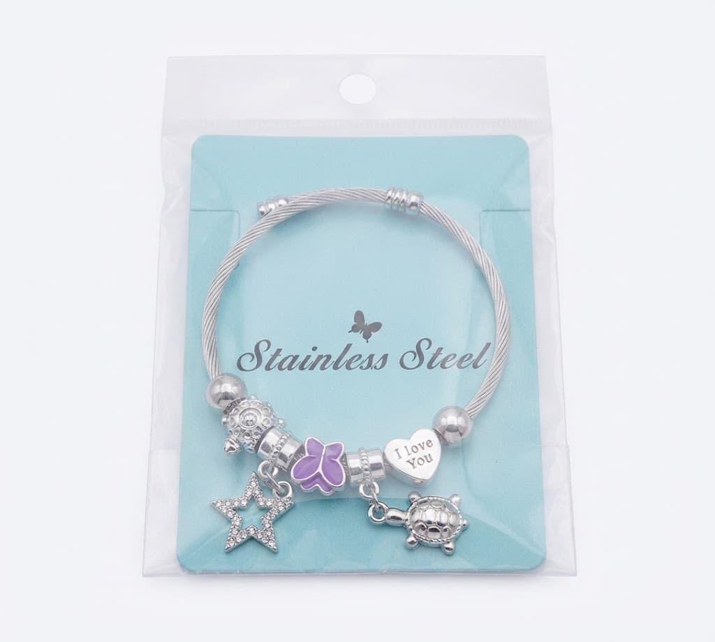 Stainless Steel Charm Bracelet with Crystal Star & Turtle Pendants | Stylish Fashion Bracelet for Women & Girls