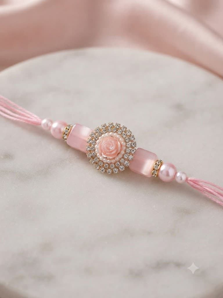 Exquisite Designer Pink Rose Rakhi with Sparkling Rhinestones
