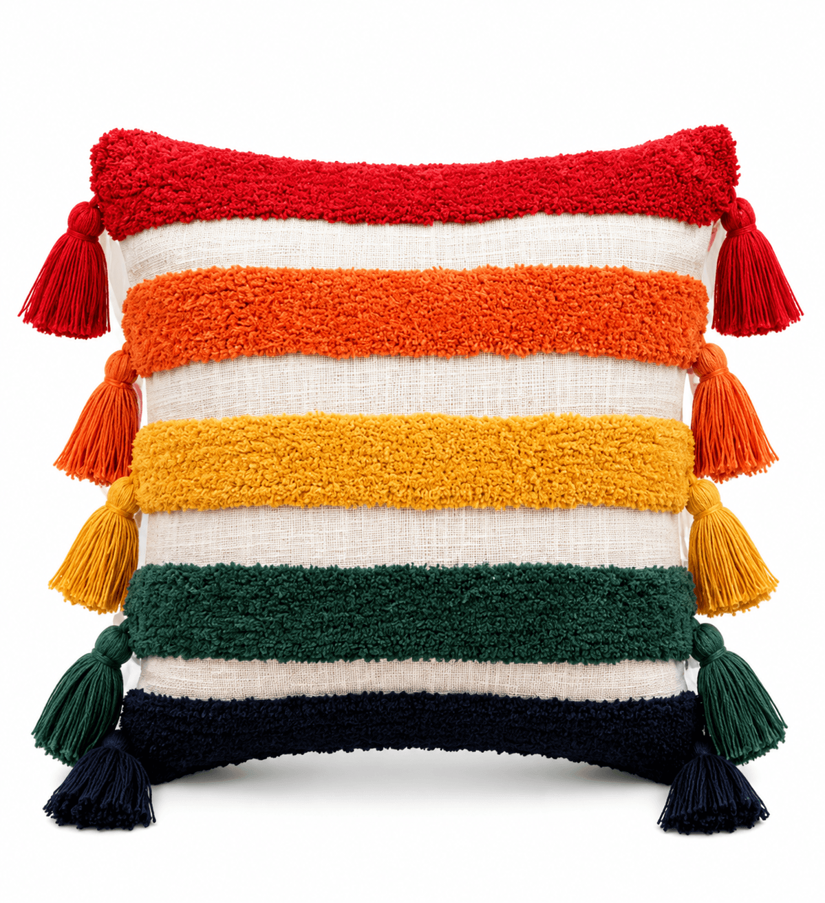 Boho Tufted Striped Cushion Cover with Tassels – Multicolor Decorative Throw Pillow Cover for Sofa & Bed