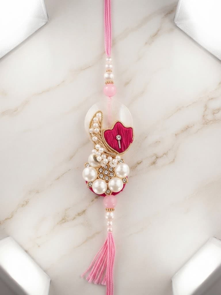 Exquisite Designer Pink Pearl and Zardosi Rakhi