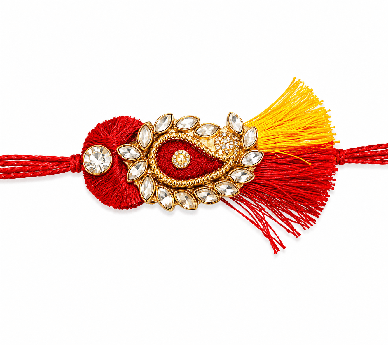 Red and Gold Paisley Designer Rakhi with Crystal Tassels