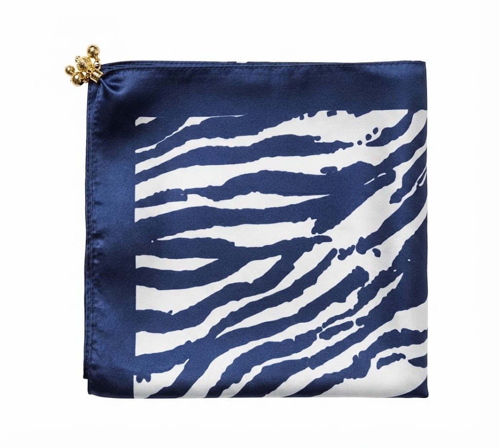 Navy Blue & White Zebra Print Silk Scarf with Gold Charms – Elegant Women’s Fashion Scarf